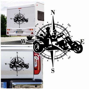 Kompass Shopper Motorrad Dreirad mit 3 Rädern Trike Aufkleber Größe&Farbe wählbar Hund Hunde Wohnmobil Caravan Autoaufkleber Sticker
