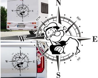 Compass Funny Sailor with Whistle Spinach Comic Muscles Sticker Car Camper Motorhome Caravan Car Sticker Compass Rose