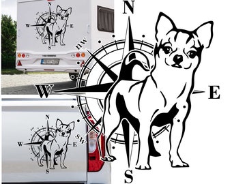 Kompass Chihuahua Hund Aufkleber Größe&Farbe wählbar/Wunschtext Wohnmobil Caravan Auto Wohnwagen Sticker Kompassrose Windrose