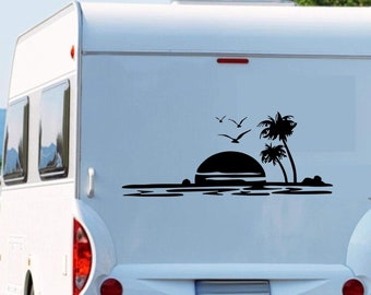 Beautiful sunset wide in the sea with palm trees beach seagulls birds motorhome caravan sticker Pegatina Promotion