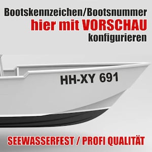 Könnte beinhalten: Ein weißes Boot mit einem schwarzen Streifen am Boden. Das Boot hat eine schwarze Registrierungsnummer mit der Aufschrift "HH-XY 691". Der Text "Bootskennzeichen/Bootsnummer hier mit VORSCHAU konfigurieren" befindet sich oben im Bild. Der Text "SEEWASSERFEST / PROFI QUALITÄT" befindet sich unten im Bild.