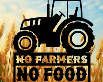 Op de afbeelding: Een zwart silhouet van een tractor voor een tarweveld met de tekst "NO FARMERS NO FOOD" eronder.