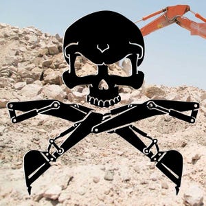Könnte beinhalten: Ein schwarzes Totenkopf- und Knochen-Design mit zwei gekreuzten Baggerarmen. Der Schädel hat einen bedrohlichen Ausdruck und die Arme sind in gekreuzter Position.