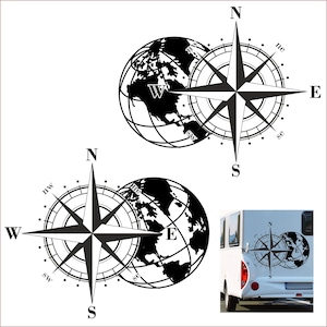 2x Autocollant Globe Boussole (gauche/droite) Globe Terrestre Caravane Rose des Vents Camping-car Pegatina Promotion Autocollant Rose des Vents