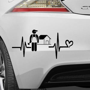 Op de afbeelding: Zwart-witte sticker van een stick figure die een hamer, een huis en een hartslaglijn vasthoudt. De tekst "Ik hou van mijn werk" is niet zichtbaar op de afbeelding.