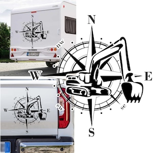 Può includere: Design di bussola in bianco e nero con un escavatore al centro. I punti della bussola sono etichettati N, S, E, W, NW, NE, SW e SE. Il design è su sfondo bianco.