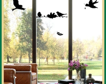 Bird protection for glass panes, birds on branch with nest about 35 cm, 2 flying birds 15 cm plus feather