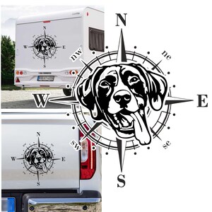 Puede incluir: Ilustración en blanco y negro de la cabeza de un perro con un diseño de brújula alrededor. Los puntos de la brújula están etiquetados con las direcciones Norte, Sur, Este y Oeste. La cabeza del perro está en el centro de la brújula.