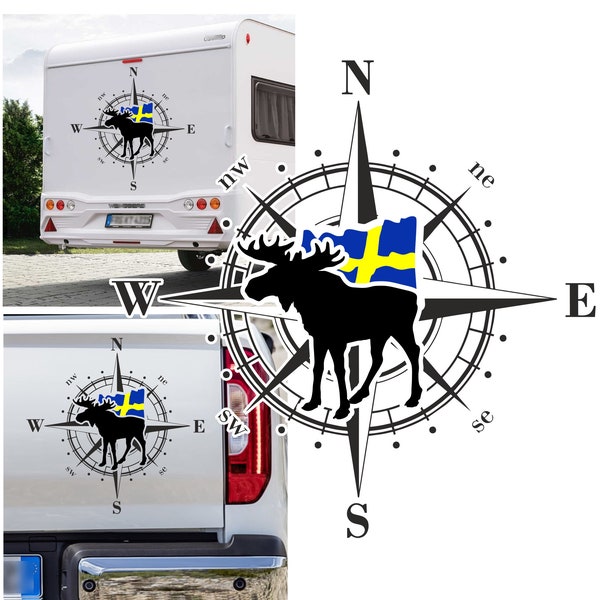 Kompass Schweden Fahne Elch Umriss Urlaub Norden Elche Skandinavien  Aufkleber freie Größe&Farbe Auto Camper Wohnmobil Caravan Autoaufkleber