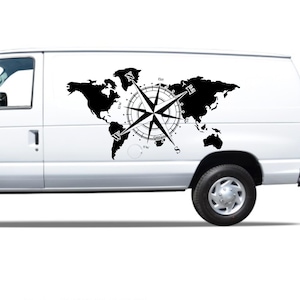 May include: A white van with a black and white compass and world map decal on the side. The compass points north, south, east, and west.