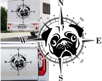 Kompass Mops Pug, Carlin Hund Aufkleber Größe&Farbe wählbar/ Wohnmobil Caravan Auto Wohnwagen Sticker Kompassrose Windrose