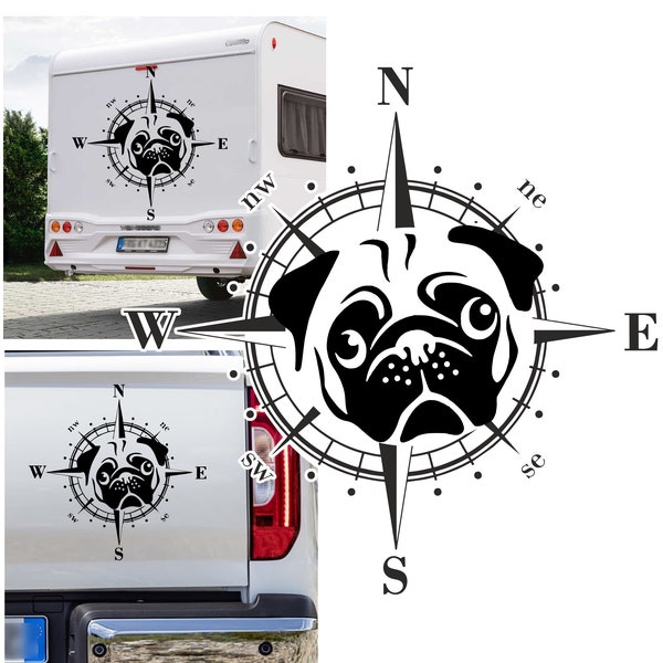 Kompass Mops Pug, Carlin Hund Aufkleber Größe&Farbe wählbar/ Wohnmobil Caravan Auto Wohnwagen Sticker Kompassrose Windrose