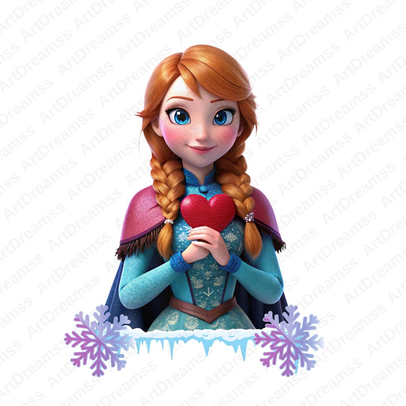 May include: A cartoon illustration of a young woman with red hair in braids, wearing a blue dress and a red cape, holding a red heart. She has a light blue background with snowflakes and icicles.