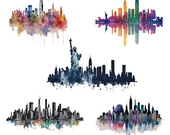 New York City Skyline PNG, New York Clipart, NYC PNG, New York aquarel, beroemde stad Png, New York Digital, hoge kwaliteit