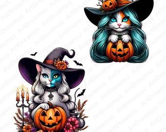 Könnte beinhalten: Zwei digitale Illustrationen von Halloween-Katzen. Eine Katze trägt einen Hexenhut mit einem Kürbis und hält einen geschnitzten Jack-o'-Lantern. Die andere Katze hat blaue Haare und einen Hexenhut mit einem Kürbis.