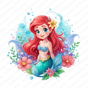 Cute Ariel PNG, Ariel with Flowers, Little Mermaid Clipart, Princess Ariel, High Quality