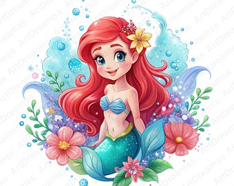 Cute Ariel PNG, Ariel with Flowers, Little Mermaid Clipart, Princess Ariel, High Quality