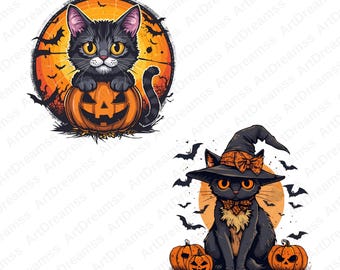 Könnte beinhalten: Zwei Halloween-Illustrationen. Eine zeigt eine schwarze Katze auf einem geschnitzten orangefarbenen Kürbis vor einem orangefarbenen Hintergrund mit Fledermäusen. Die andere zeigt eine schwarze Katze mit Hexenhut und Fliege, mit Kürbissen und Fledermäusen.
