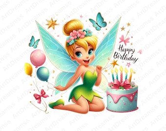 Clipart fée clochette, fée clochette mignonne PNG, joyeux anniversaire, fée clochette avec des fleurs, transparent, de haute qualité