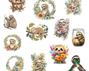 Puede incluir: Una colección de 12 ilustraciones de acuarela con perezosos en varias poses, rodeados de flores y vegetación. Algunos perezosos sostienen flores, mientras que otros duermen o se relajan. Las ilustraciones son perfectas para agregar un toque de fantasía y naturaleza a cualquier proyecto.