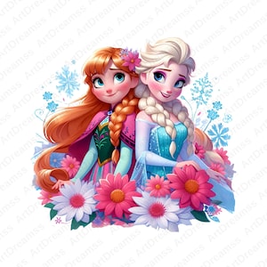 Anna and Elsa Clipart, Frozen Princess, Flowers Frozen for Shirt, Cute Elsa and Anna PNG, High Quality