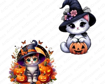 Könnte beinhalten: Zwei Halloween-Illustrationen mit entzückenden Katzen. Eine Katze ist weiß, trägt einen Hexenhut und hält einen geschnitzten Kürbis. Die andere Katze ist grau und braun, trägt ebenfalls einen Hexenhut, umgeben von Kürbissen und Schmetterlingen.