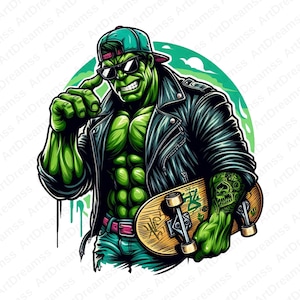 Hulk Cipart, Hulk PNG, Cool Hulk, Super Hero, Hulk with Skateboard, High Quality