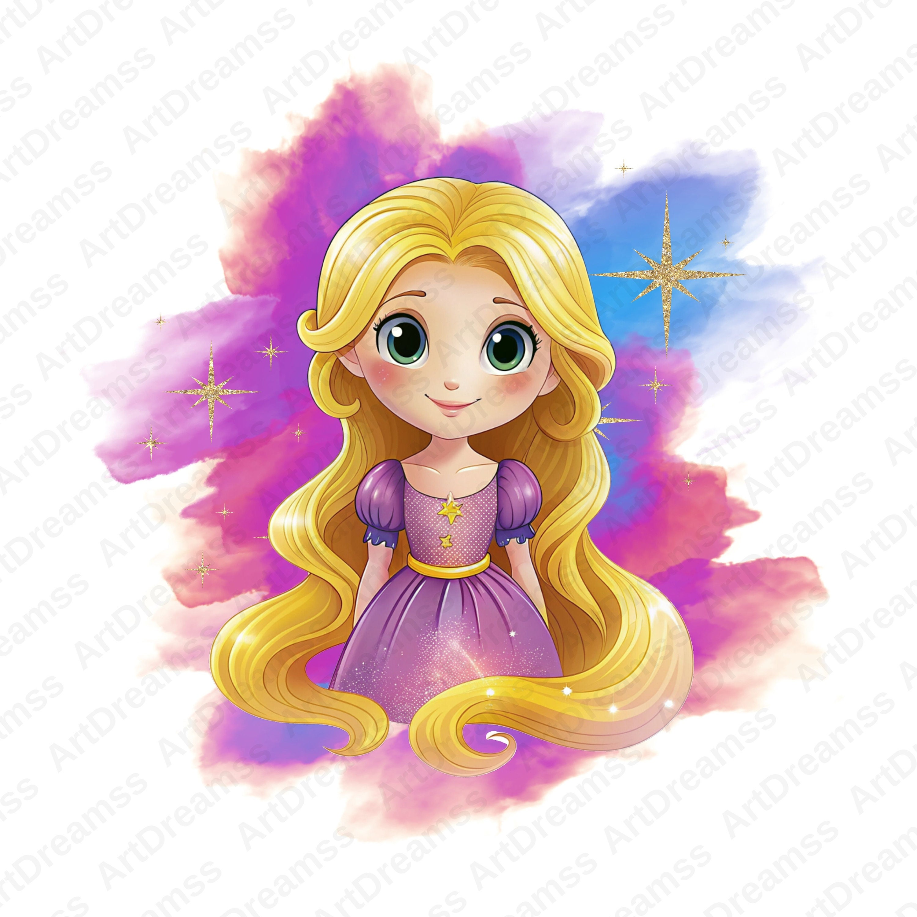 Princess Rapunzel Clipart, Cute Rapunzel with Flowers, Tangled PNG, Watercolor Style Cartoon, High Quality