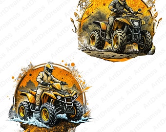 May include: Two illustrations of a person riding an ATV. The ATV is yellow and black with a white rider. The first illustration shows the ATV driving through a dirt path with a yellow sun behind it. The second illustration shows the ATV driving through water with a yellow sun behind it.