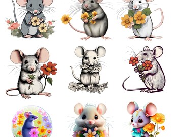 Cute Mouse with Flower PNG, Mouse Clipart, Watercolor Mouse, Mouse Bundle, Cute Animal, High Quality