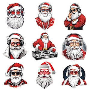 Könnte beinhalten: Neun Illustrationen von Weihnachtsmann mit Kopfhörern und Sonnenbrille. Einige Illustrationen zeigen den Weihnachtsmann mit Bart und rotem Anzug, während andere den Weihnachtsmann mit Bart und rotem Anzug zeigen, der einen DJ-Mixer hält.