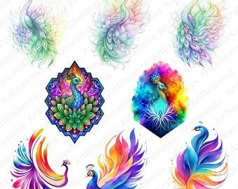 Peacock Clipart PNG, hemelse fantasie, aquarel Peacock, majestueuze Peacock, Peacock Art bundel, hoge kwaliteit