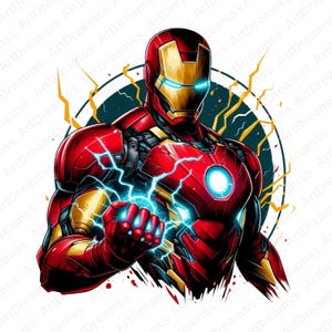 May include: A digital illustration of Iron Man in his red and gold armor, with blue energy emanating from his hand. The artwork features a dynamic pose with lightning bolts and a circular background.
