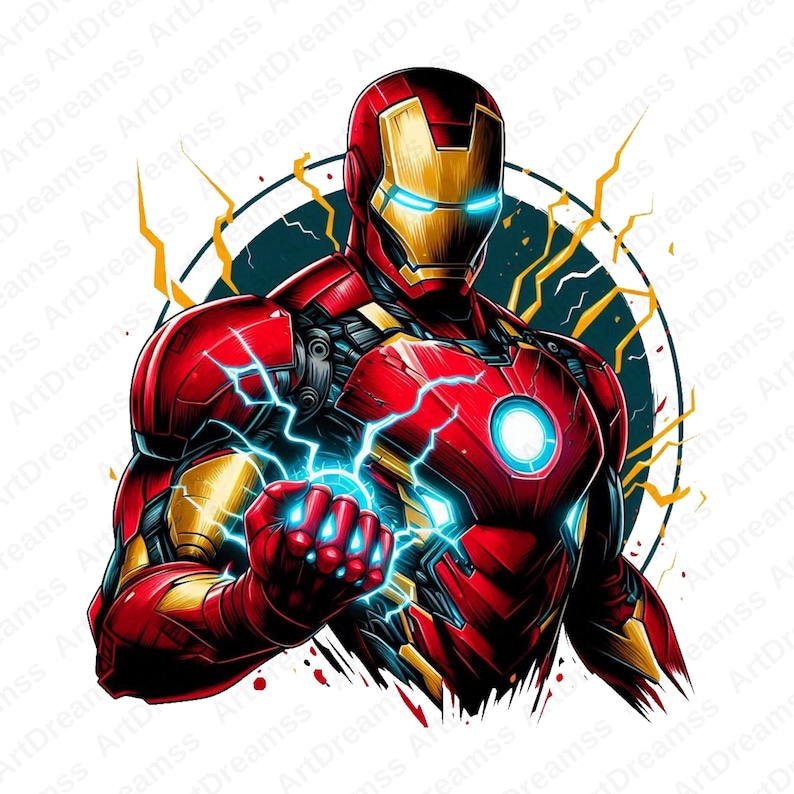 May include: A digital illustration of Iron Man in his red and gold armor, with blue energy emanating from his hand. The artwork features a dynamic pose with lightning bolts and a circular background.