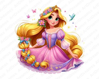 以下が含まれることがあります： 長い金髪のプリンセスがピンクと紫のドレスを着たデジタルイラスト。 プリンセスは花の冠をかぶり、蝶と輝きに囲まれています。 このアートワークは、気まぐれで童話のようなテーマを持っています。