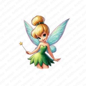 May include: A digital illustration of a fairy with blonde hair in a bun, wearing a green dress and holding a star-shaped wand. The fairy has large, teal-colored wings and is smiling. The background is white.