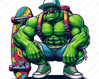 Hulk Clipart, Hulk PNG, Cool Hulk, Super Hero, Hulk with Skateboard, High Quality