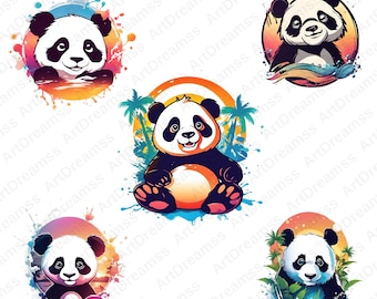 Cute Panda Clipart, Panda PNG, Summer Vibes Panda, T-Shirt Design, Panda Splash Style, High Quality