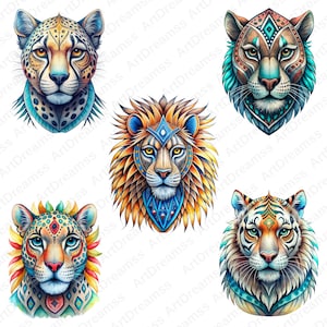 Big Wild Cats Clipart, Cats PNG, Lion, Tiger, Jaguar, Pantera, Cheetah, Graphic Design, Tribal Mask, High Quality