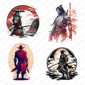 May include: Four digital illustrations of samurai warriors in different poses and styles. The illustrations are set against backgrounds of red, white, and black.