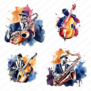 Jazz Musician Clipart PNG, Saxophone Digital, Jazz Singer, Contrebasse PNG, Jazz Aquarelle, Musique PNG, Haute Qualité