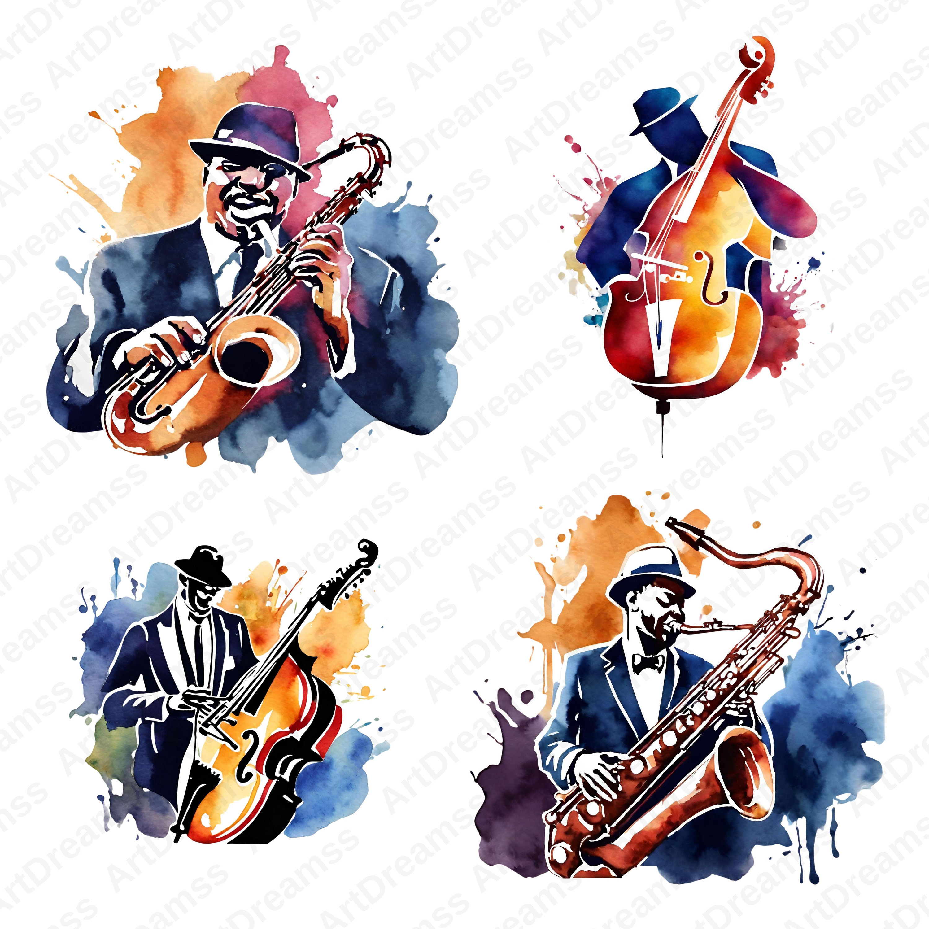 Jazzmuzikant clipart PNG, saxofoon digitaal, jazzzanger, contrabas PNG, jazz aquarel, muziek PNG, hoge kwaliteit