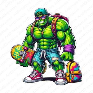 Hulk Cipart, Hulk PNG, Cool Hulk, Super Hero, Hulk with Skateboard, High Quality