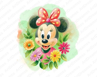 Minnie Mouse con flores Clipart PNG, lindo Minnie Mouse, dibujos animados Minnie Mouse, Minnie Floral, alta calidad