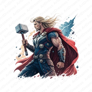 Puede incluir: Ilustración digital de Thor, un superhéroe, sosteniendo un martillo. Se le representa con pelo largo y rubio, una capa roja y un traje azul y plateado. La obra de arte tiene un estilo de acuarela con salpicaduras de color.