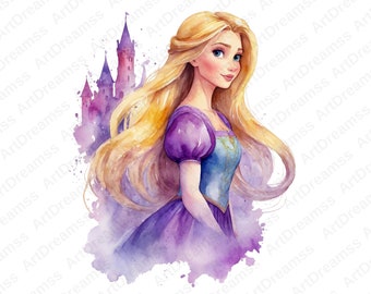 Princess Rapunzel Clipart, Cute Rapunzel, Tangled PNG, Watercolor Style Cartoon, High Quality
