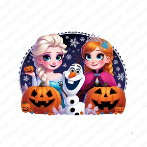 May include: A digital illustration featuring Elsa and Anna from Frozen, with Olaf the snowman, and jack-o'-lanterns. The characters are set against a dark blue background with snowflakes, creating a Halloween theme. The image is surrounded by a decorative border.