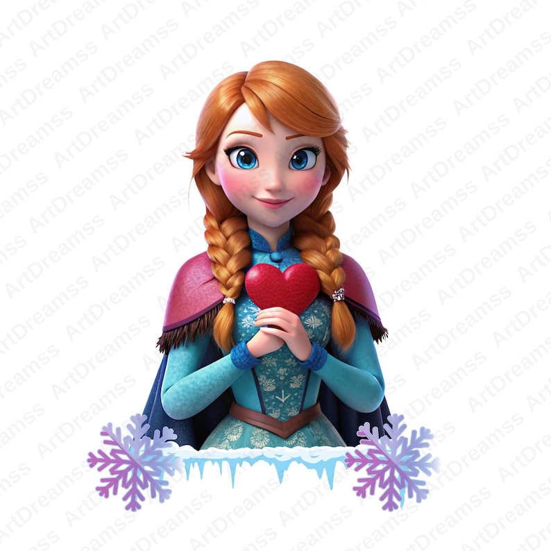 May include: A cartoon illustration of a young woman with long red hair in braids, wearing a blue and brown dress and holding a red heart. She is smiling and looking to the right. The background is white with snowflakes and icicles.