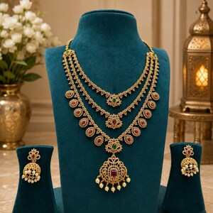 3 Layer Gold CZ Necklace & Earring Set | Ruby Emerald Pearl Bridal Jewelry | Indian Wedding Party Wear Necklace Set