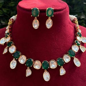 Gorgeous Quality Gold Plated Polki Kundan Necklace Set Green Stone With Earrings Set Wedding Jewelry Set
